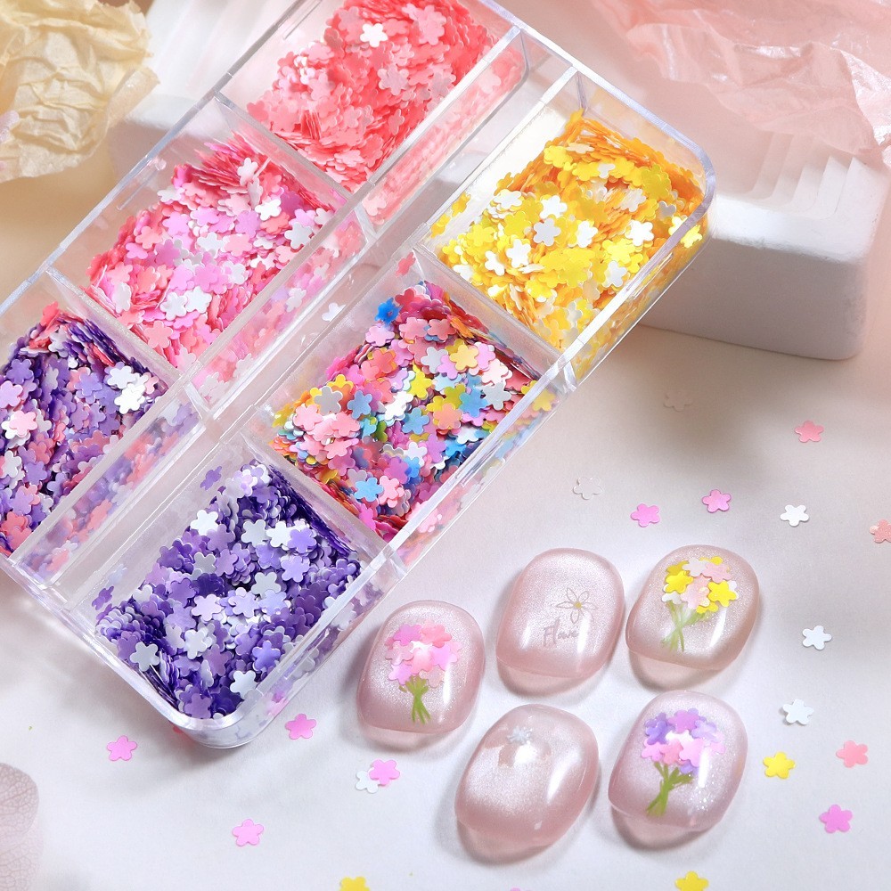 Nail Art Glitter Sequins 6 Grids Mixed Color 3MM Flower Shiny Nail Decor for DIY