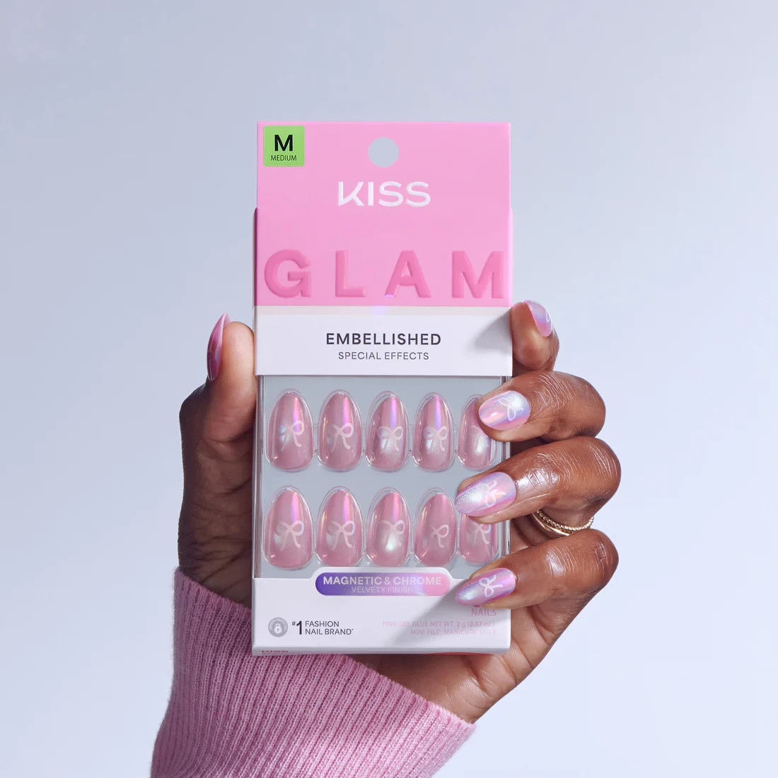 KISS 32 GLUE ON NAILS GLAM EMBELISHED SPECIAL EFFECT CRYSTAL POP MED ALMOND