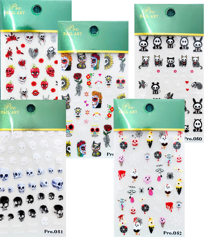 5D Embossed Nail Art Stickers Transfers Self Adhesive Halloween Skull Scary NS52