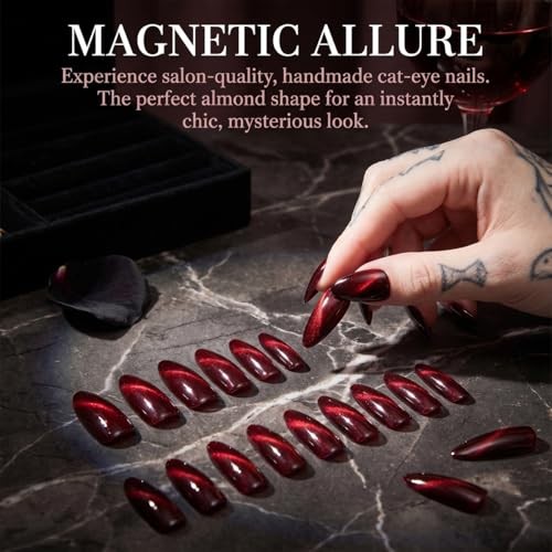 30Pcs Medium Almond Dark Red Cat Eye Press On Nails,Glossy Burgundy Style12