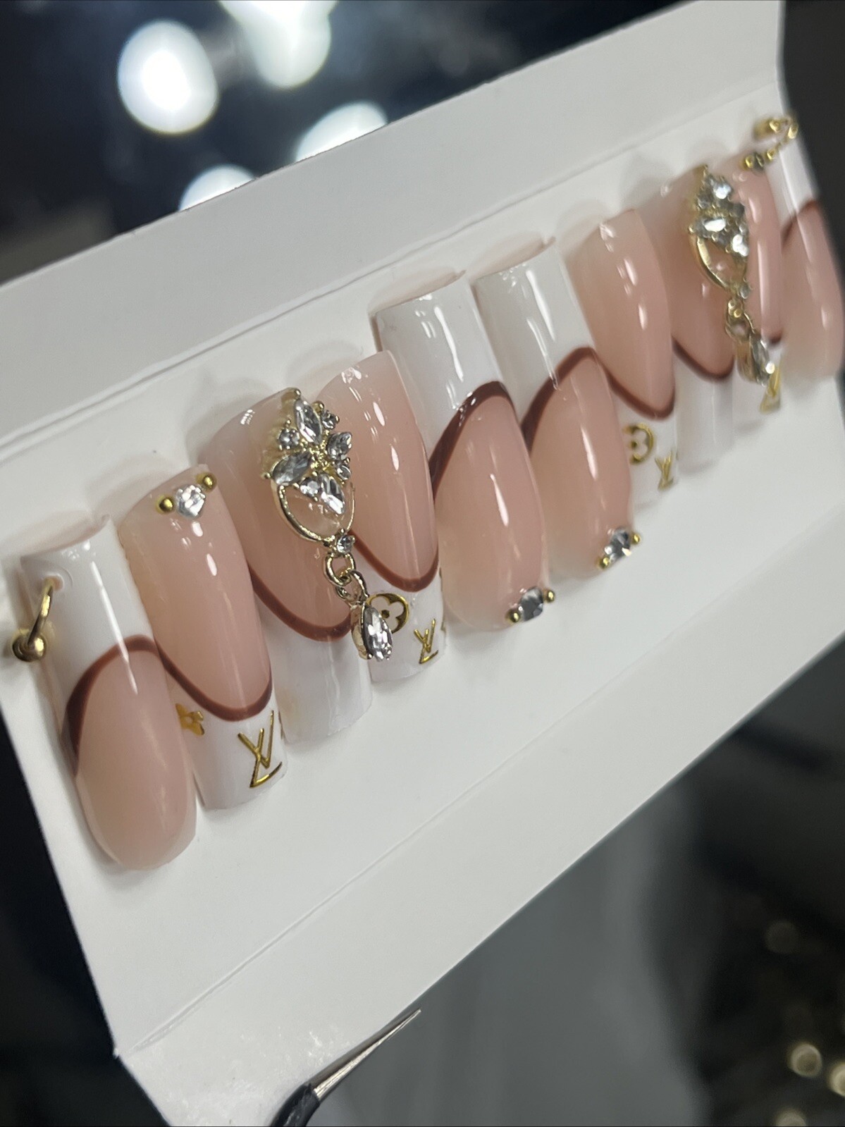 💎 CUSTOM Hard Gel Press On Nails, BLING NUDE , 10p FULL SET W Kit LONG SQUARE