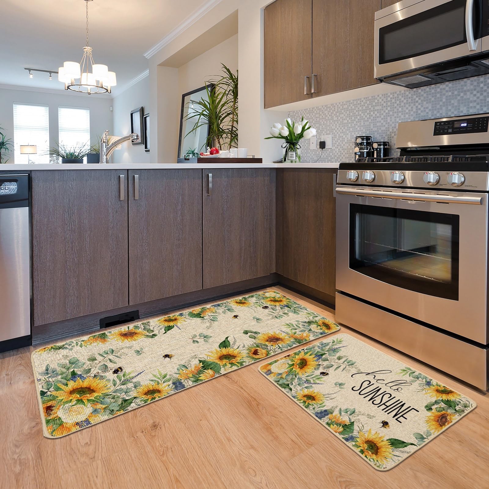 Baccessor Summer Kitchen Mats Set of 2, Sunflower Floral Bee Kitchen Rugs for…