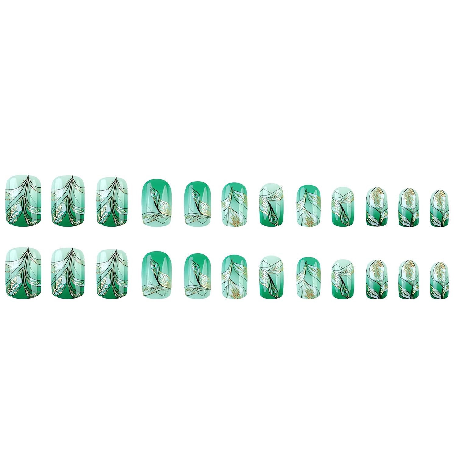 Green Flower Press on Nails Short Square Fake Nails Gradient Green Glue on Na…