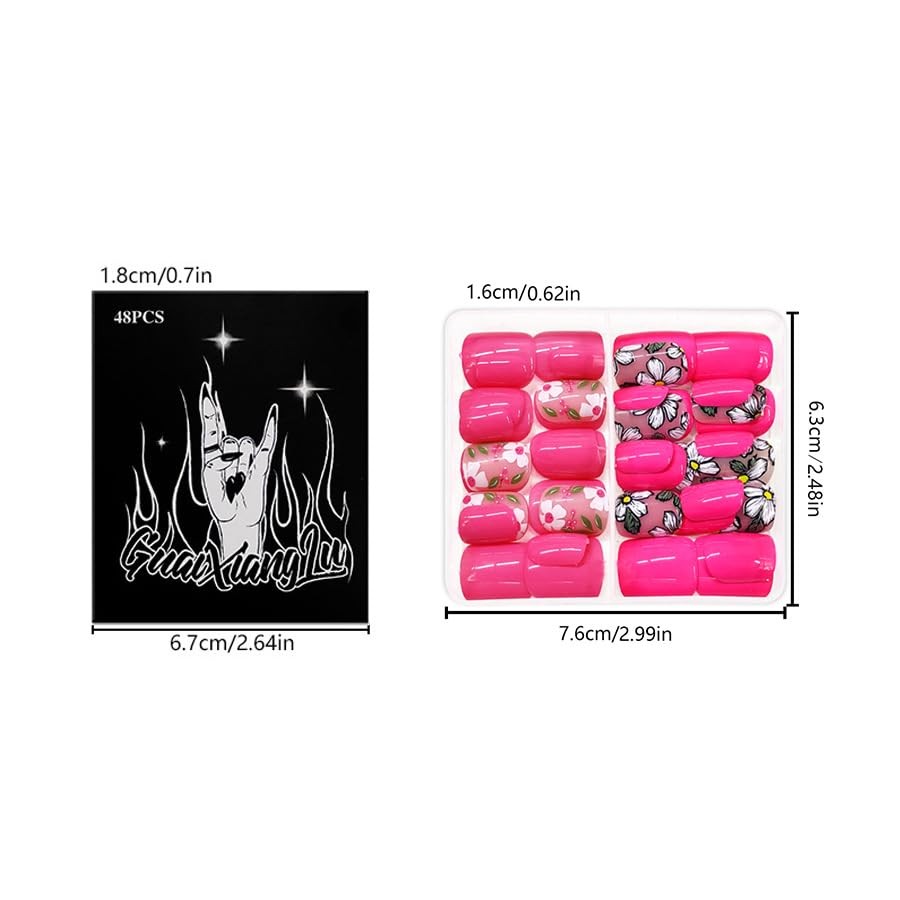 2 Packs 48Pcs Flowers Press on Nails Short Square Fake Nails Pink Floral Fals…