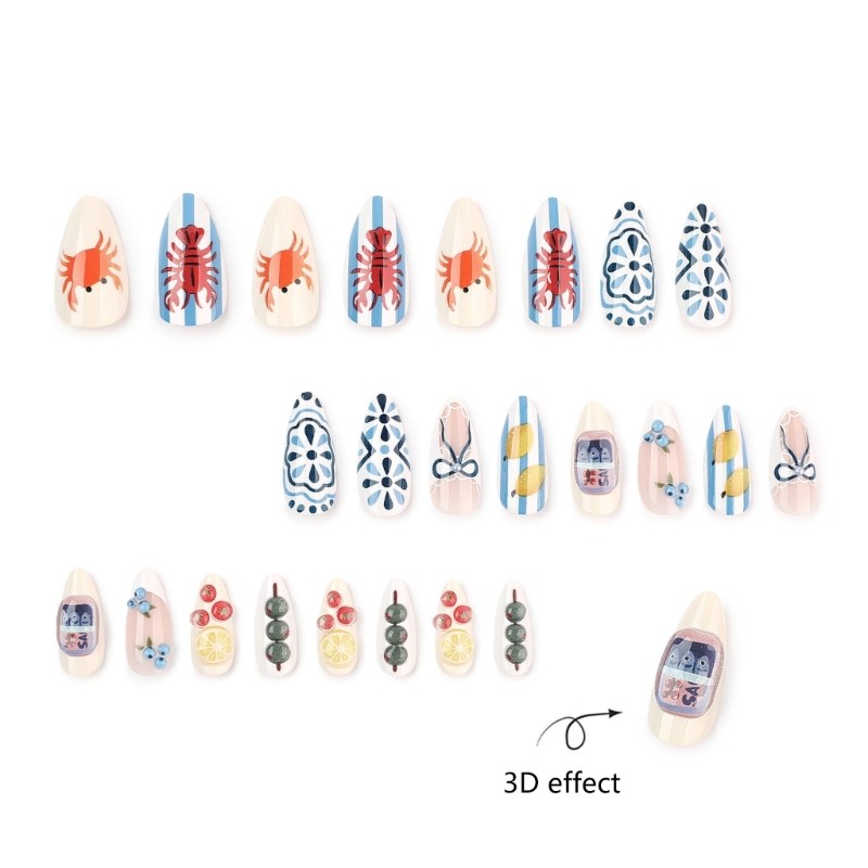 Press On Nail with Blue White Art Design False Nail for Travel Casual Outings