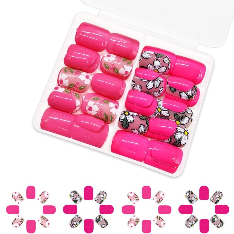 2 Packs 48Pcs Flowers Press on Nails Short Square Fake Nails Pink Floral Fals…