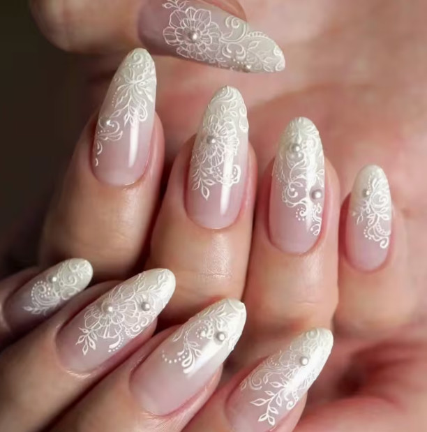 24 Pcs Press-On Nails Long Almond Glossy – Light Pink w/Embossed Lace & Beads