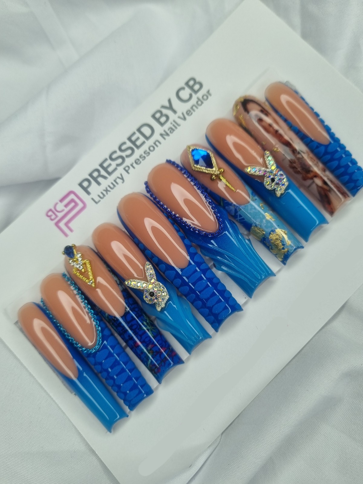 Handmade Luxury Gel Press On Nail 3XL Blue Nail Art Summer Nail Bling Rhinestone