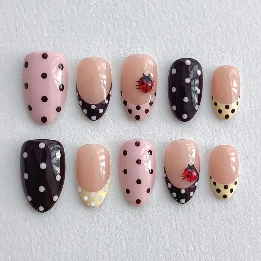 24Pcs Set French Tip Press On Nails Short Oval 3D Gel Flower Ladybug Polka Dot