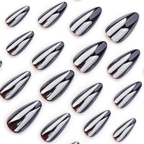24Pcs Almond Press on Nails Medium Fake Nails Black Aurora Acrylic False Nails