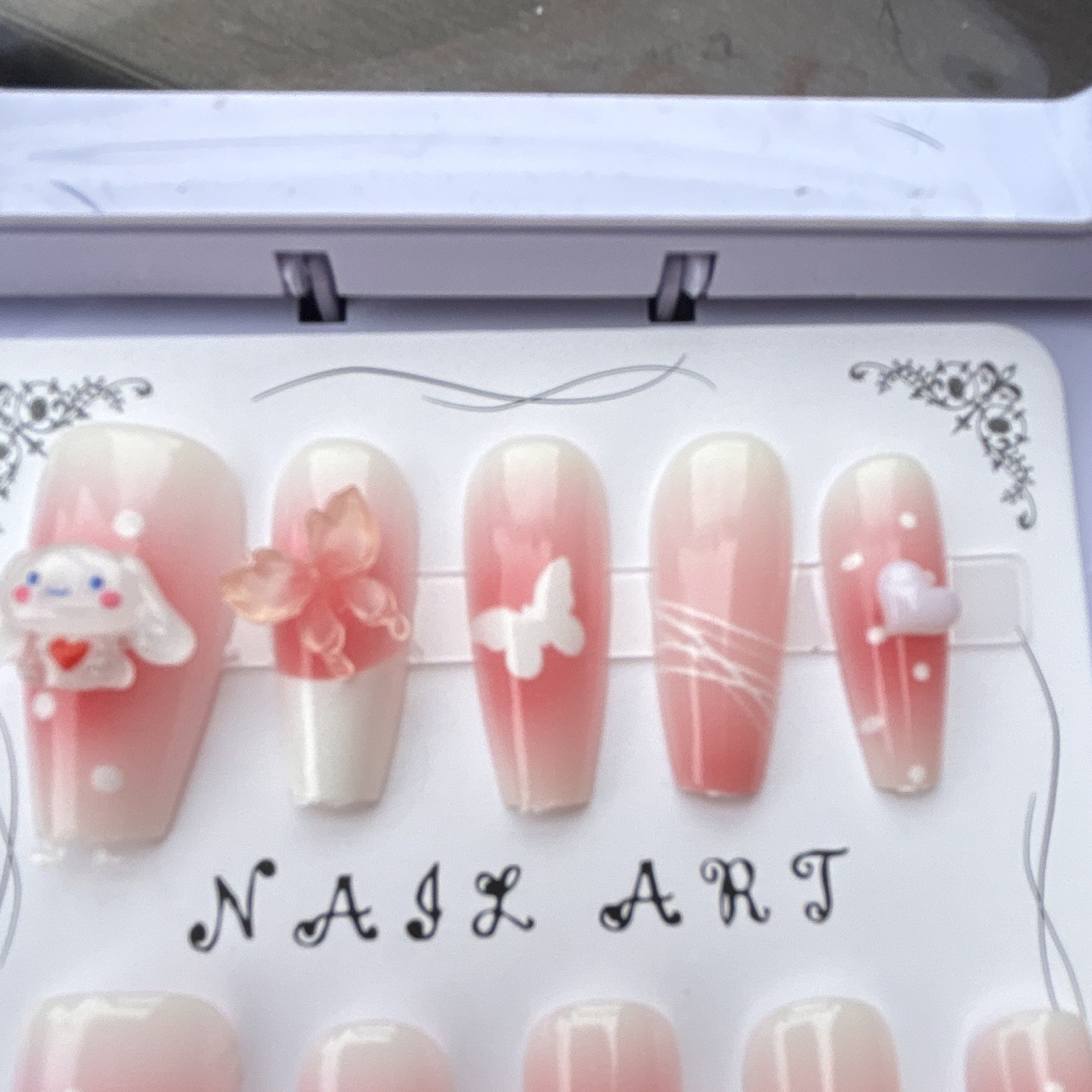 Pink/White Ombre Press-On Nails 3D Butterfly Full Cover Pre-Designed Long Coffin