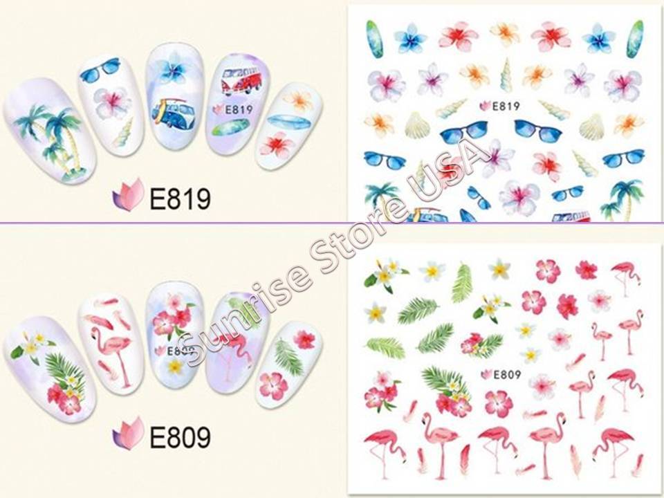 11 Design 3D Nail Art Sticker Summer Palm Tree Flamingo Bird Fruit Flower Decals