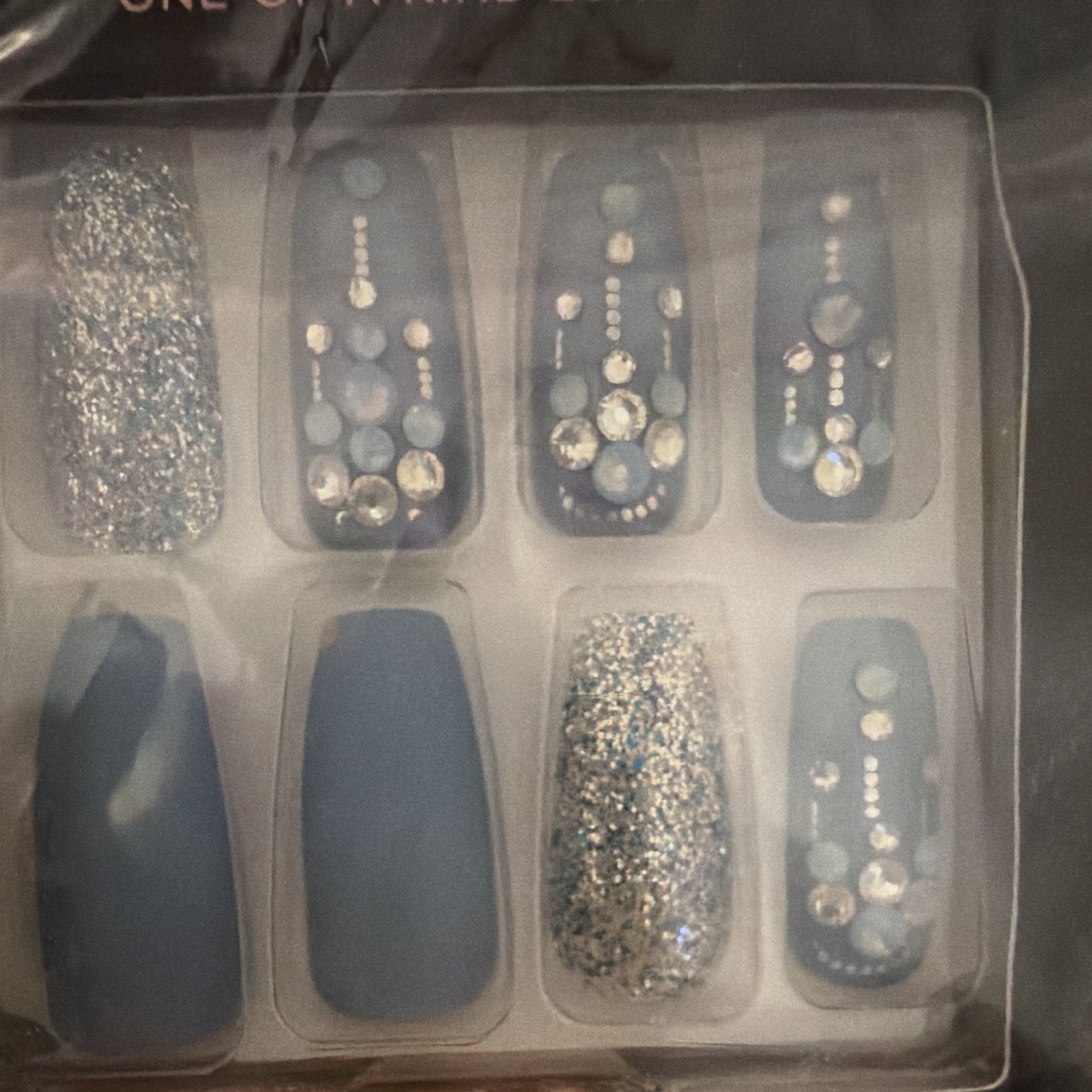 KISS Press-On Nails Long Coffin Pink/Blue Abstract Shiny Full Cover w/Glue