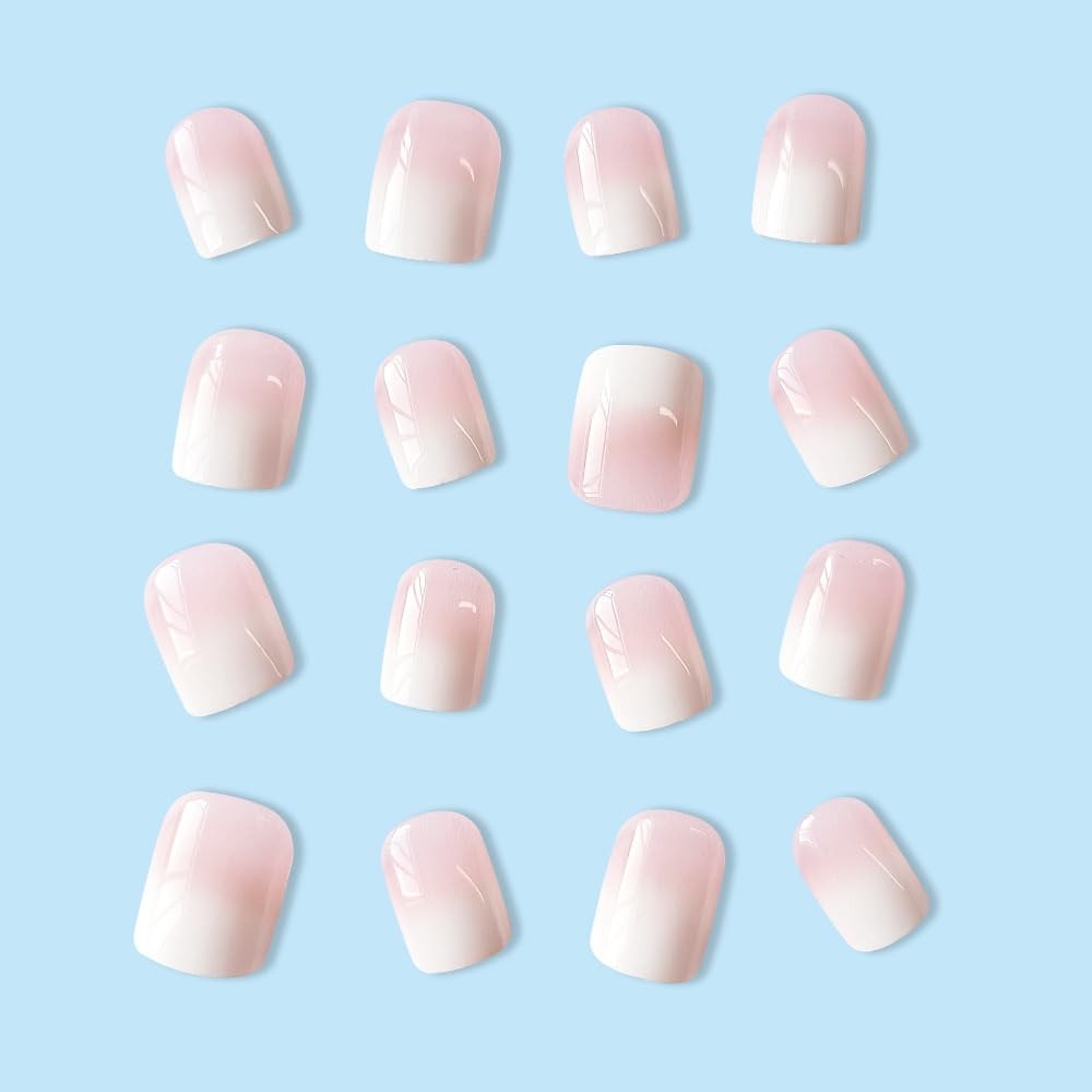 Pink Ombre Press on Nails Short Square Fake Nails with Nude White Gradient De…