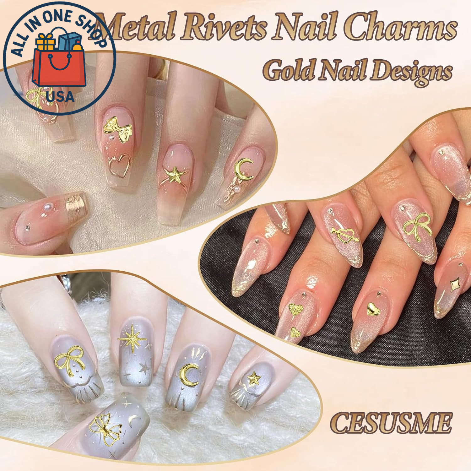 Gold Nail Charms Set: Pearls, Hearts, Bows, Stars, and Moon Designs