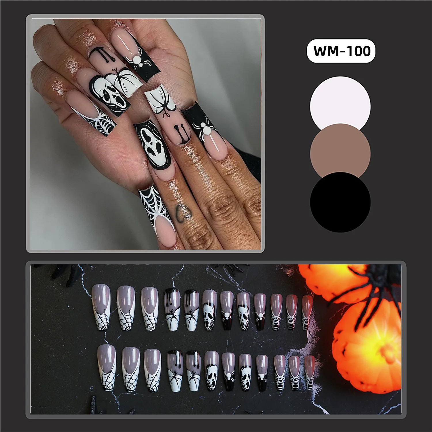 24pcs White Bones Long Pointed Patches Halloween Ghost Spider Press on Nails