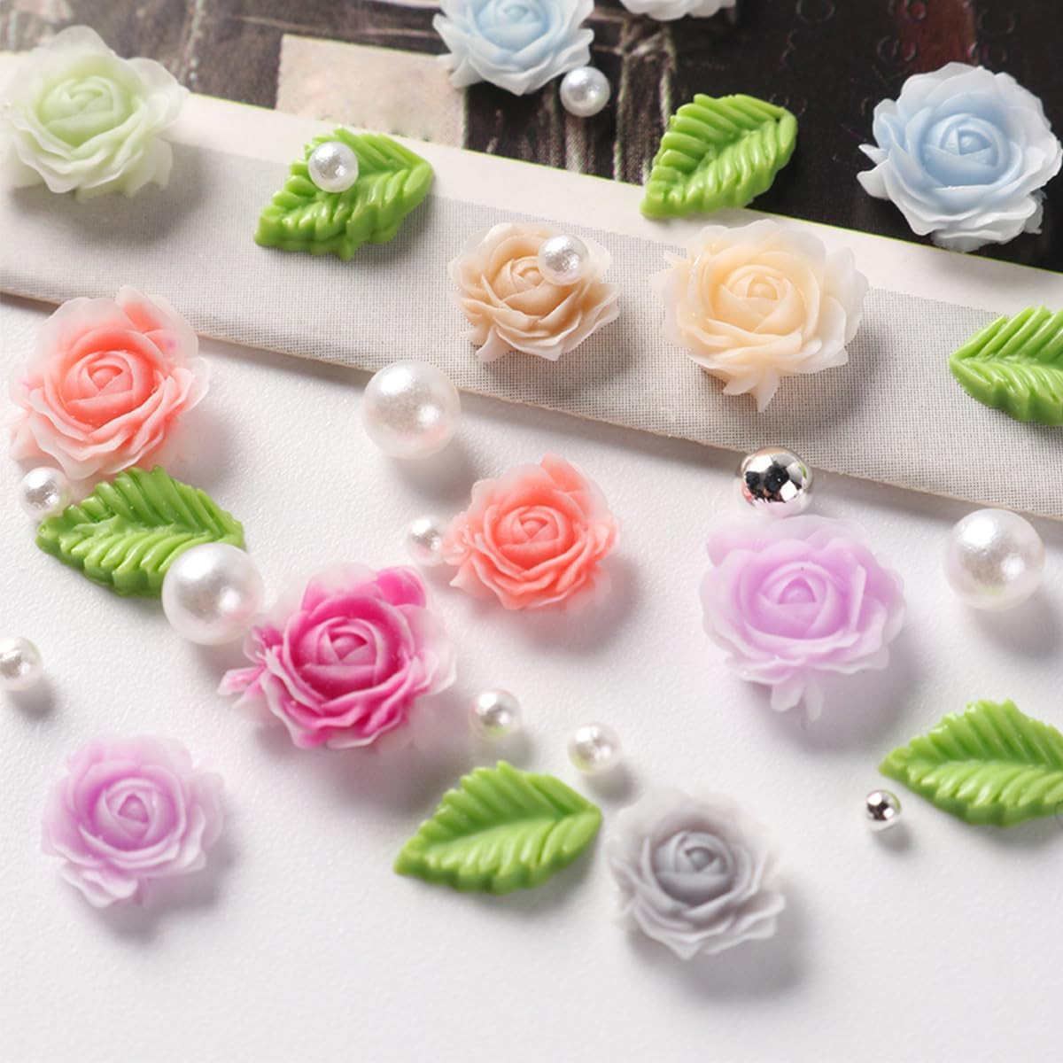 100Pcs Spring Resin Rose Nail Charms with Pearls Leaves 3D Floral Nail Art Charm