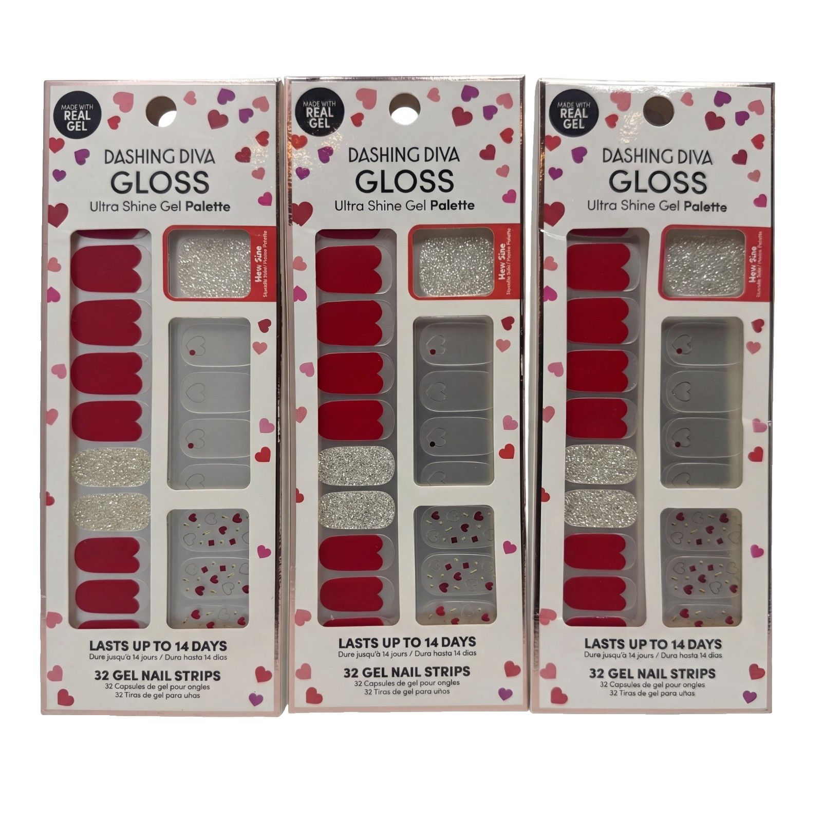 Dashing Diva Gloss Salon Gel Nail Strips 3 Pc Lot Hearts Red Glitter 32 Ct New