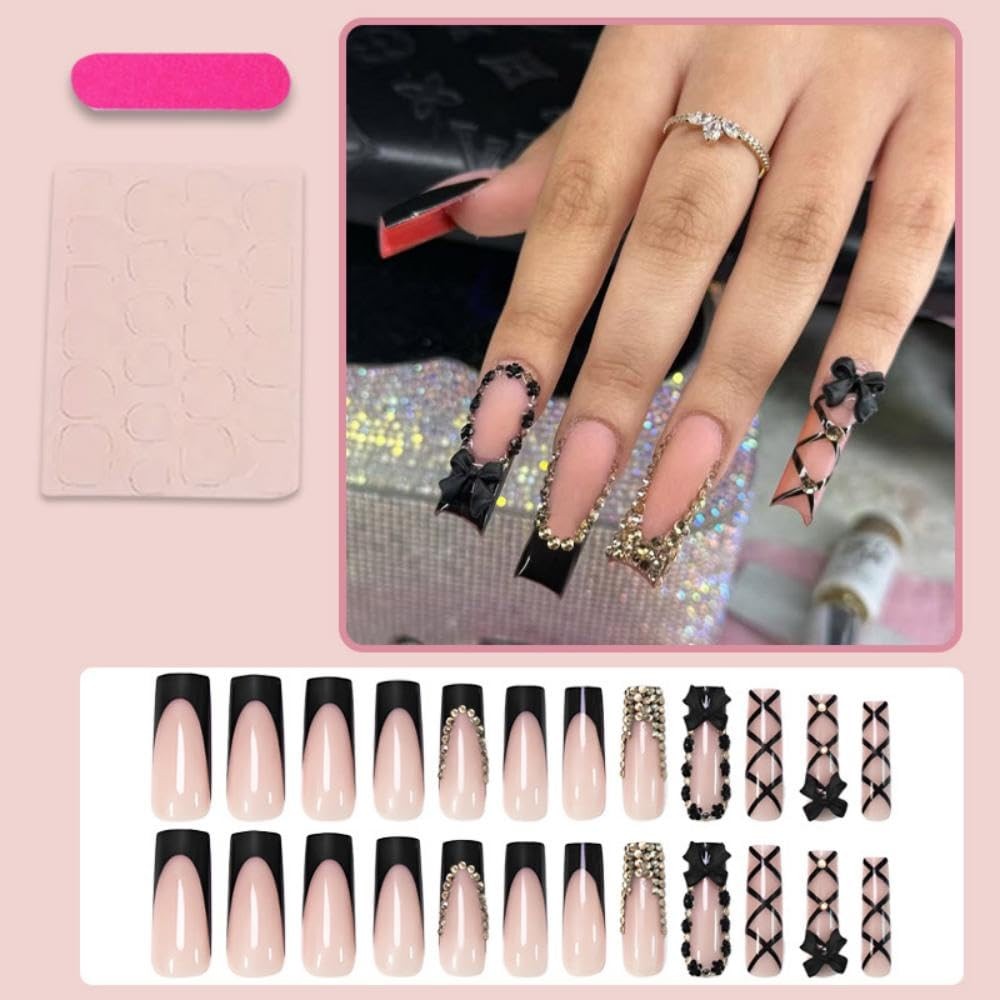 Black French Tips Press on Nails Long Square False Nails with Bow Charm Desig…