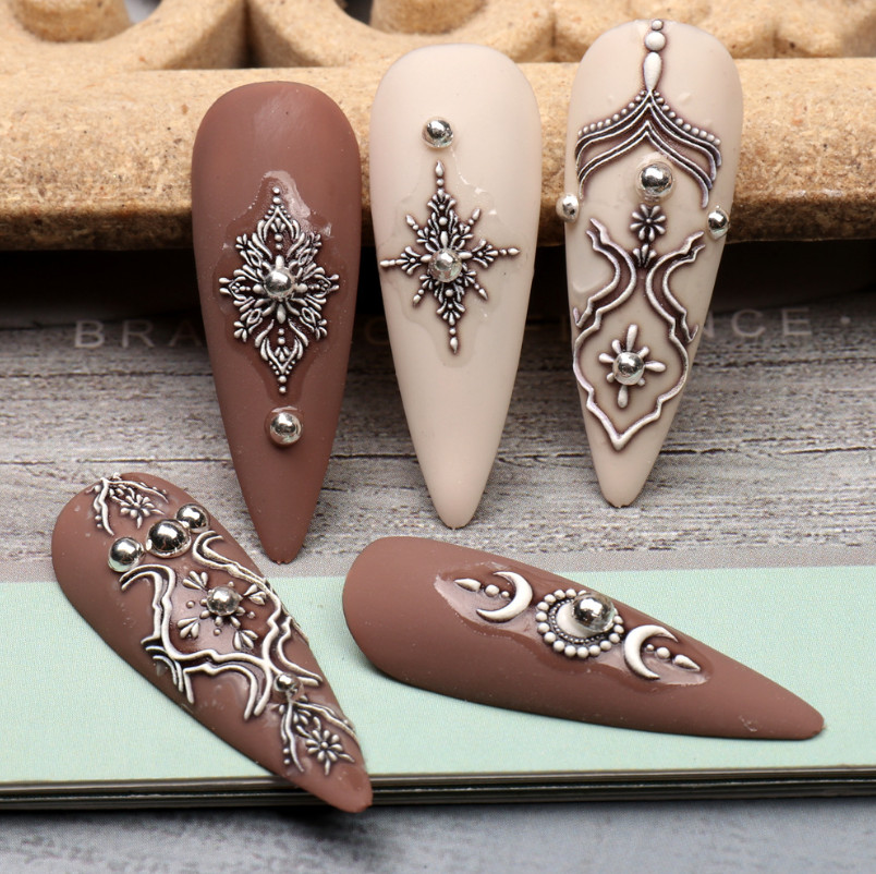 5D Embossed Retro Lace Totem Pendant Jewelry Flower Moon Nail Art Stickers NS53