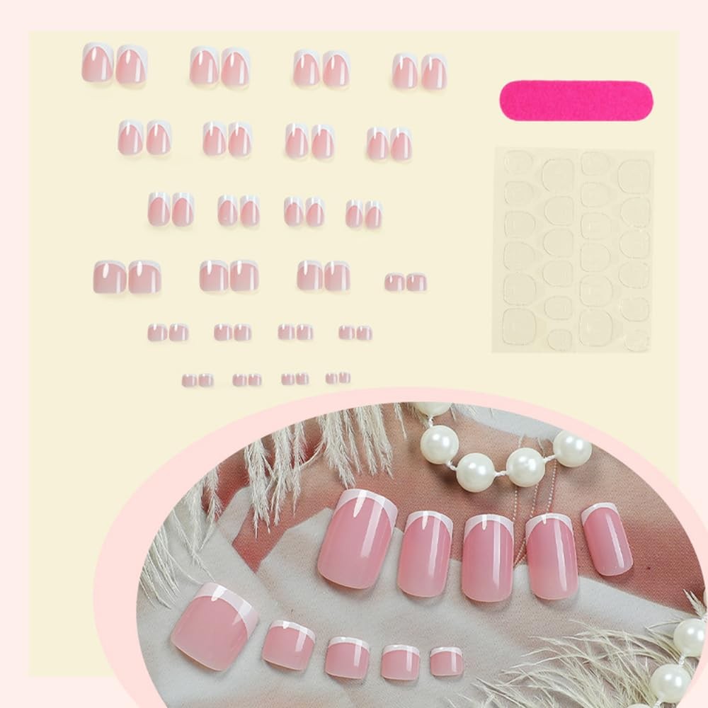 48 Pcs Pink Press On Nails Short Square & Press On Toenails Set,YEFIUO Summer…