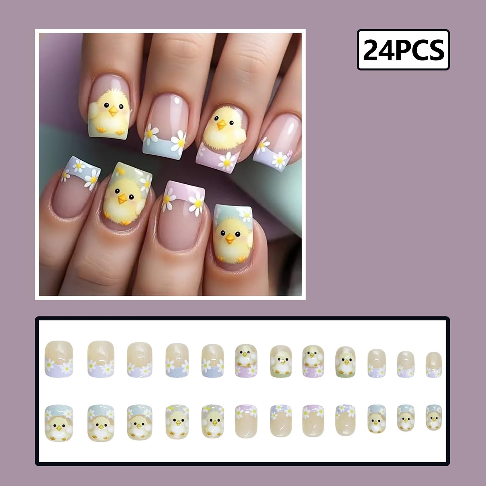 24Pcs Easter Press on Nails Short Fake Nails with Chick Flower Pattern Design…