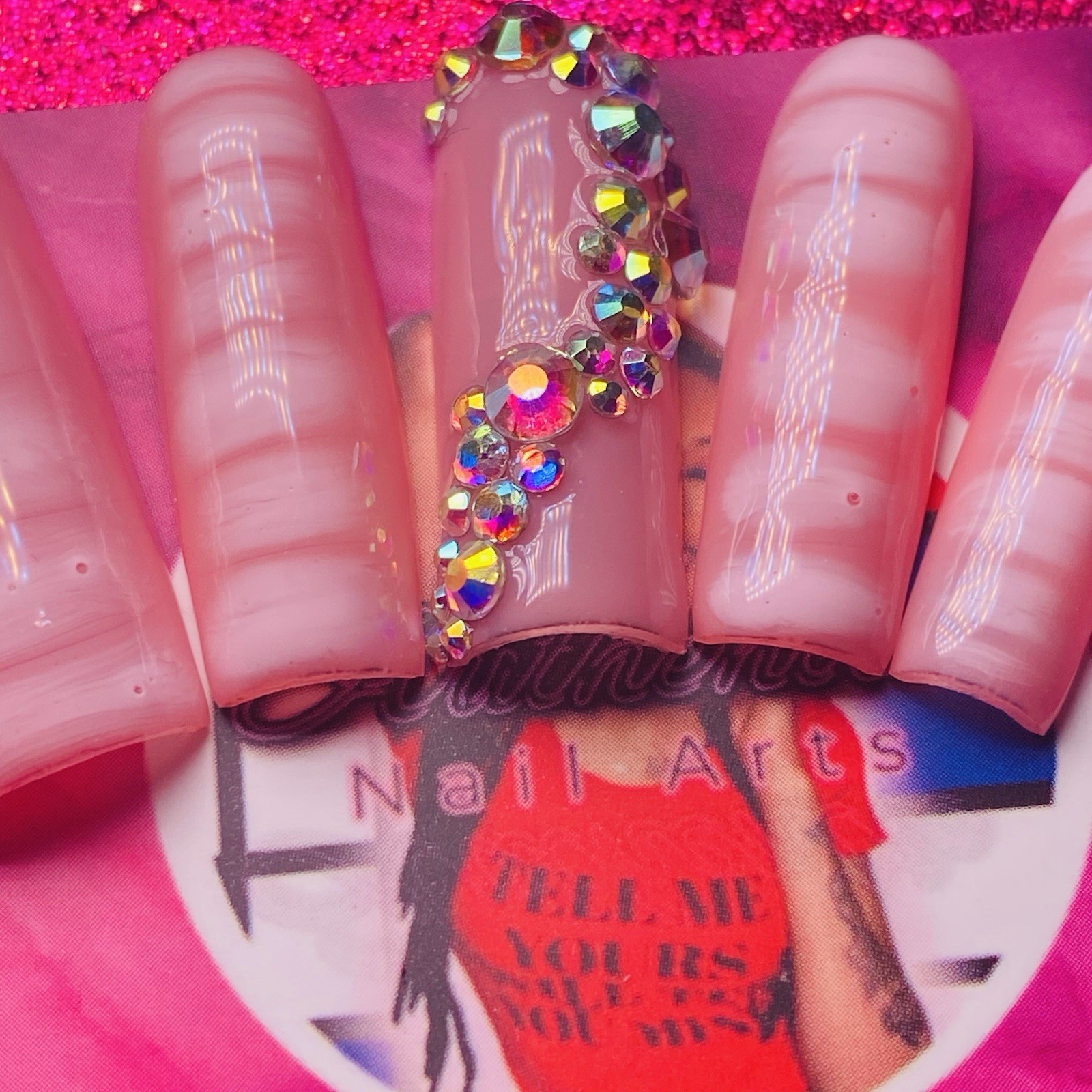 Square Press-On Nails Pink Shiny 3D Sparkle by Authentic Nail Arts by Dia
