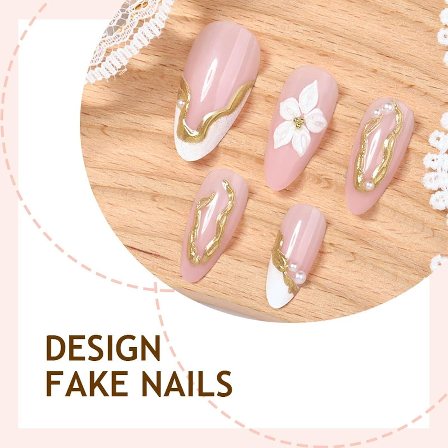 24Pcs White Flower Press on Nails Almond – Medium French Tip Fake Nails with Emb