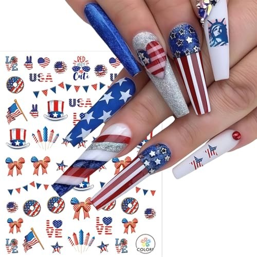 8 Sheets Independence Day Nail Stickers for Nail Art USA 4th of July Fireworks
