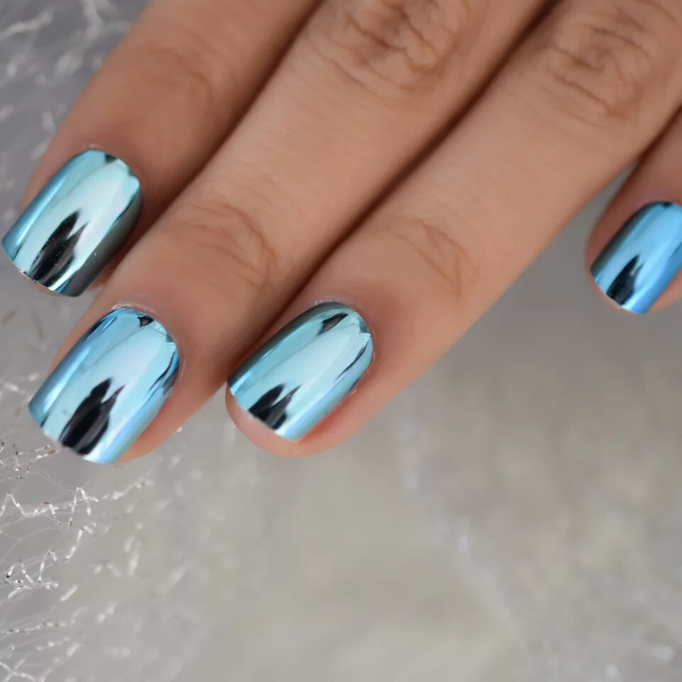 24 short blue chrome Press on nails kit w glue metallic mirror aqua