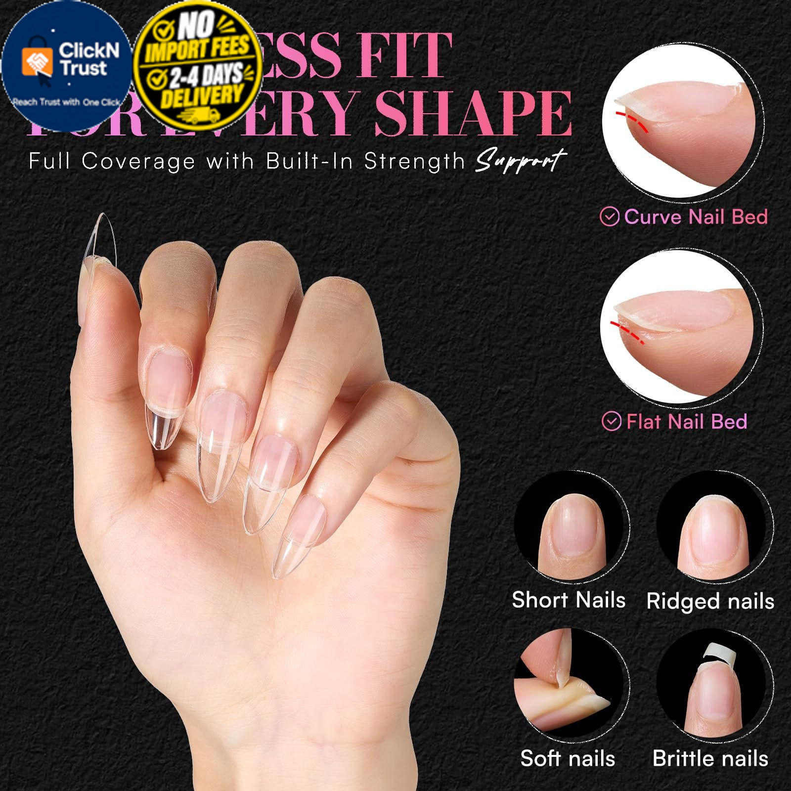 Makartt Medium Almond Nail Tips: 240PCS, 15 Sizes, Half Medium-Long, Clear
