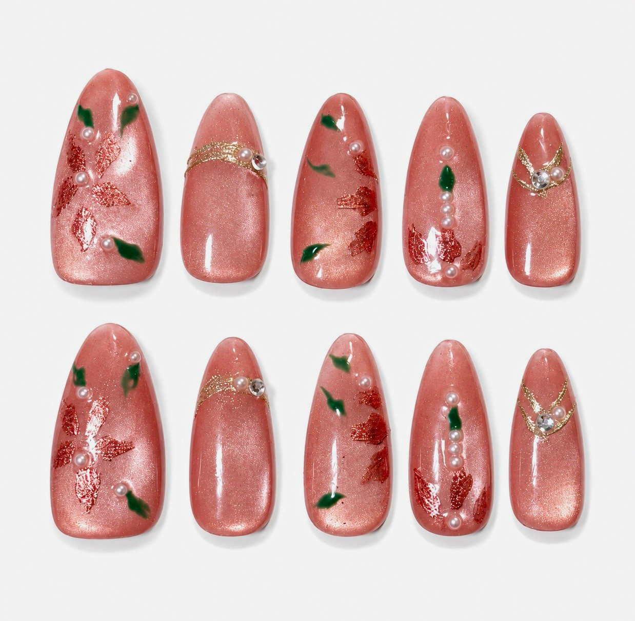 Reusable Almond Pink Chrome Floral Full Cover Press-On Nails 3D Gems Pearls