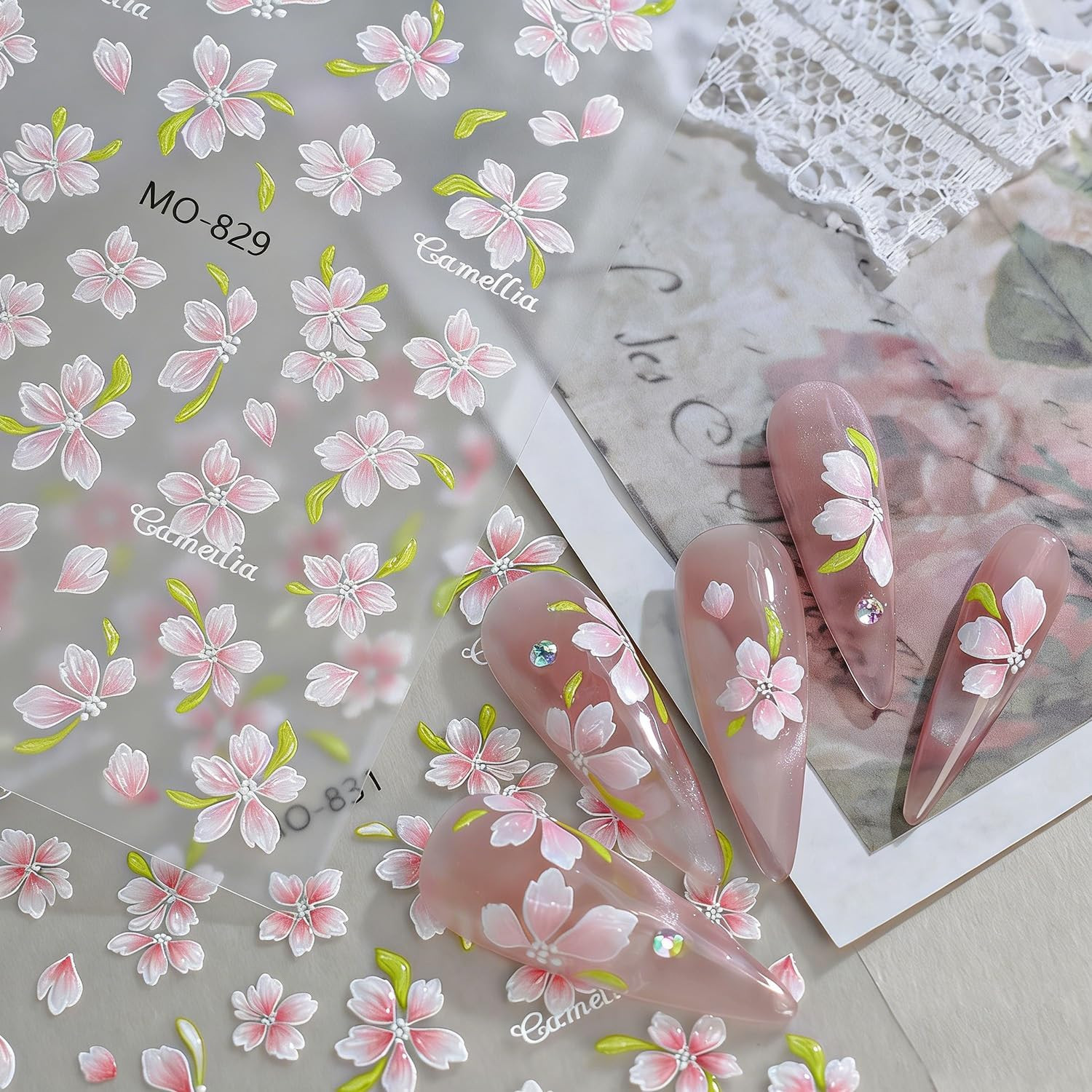 3 Sheets Flower Nail Stickers for Nail Art 3D Self-Adhesive Pink Yellow Flower N