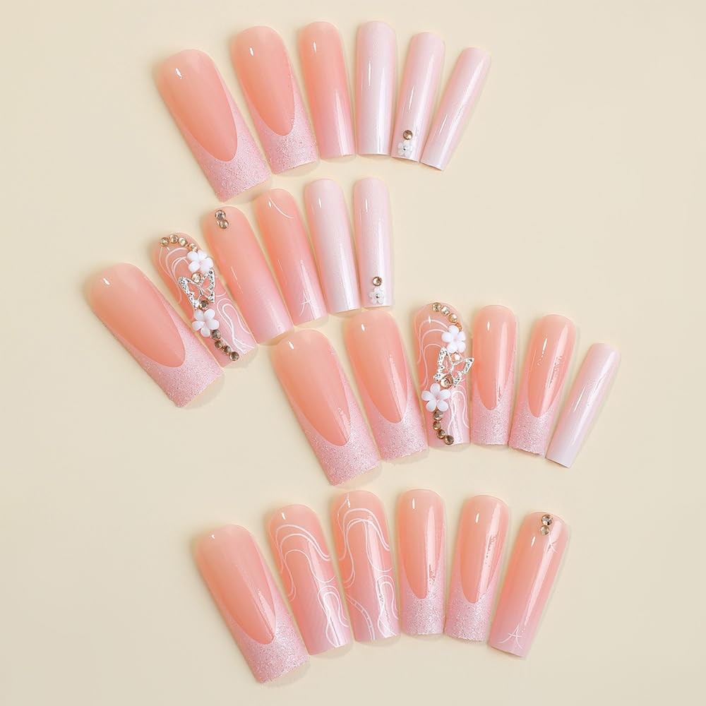 Ombre Pink Press on Nails Long Square, French Tip Fake Nails