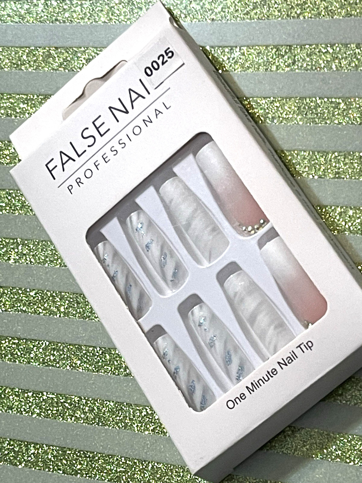 False Nail Professional NUDE & WHITE OMBRÉ with MARBLE DETAIL Press On Manicure