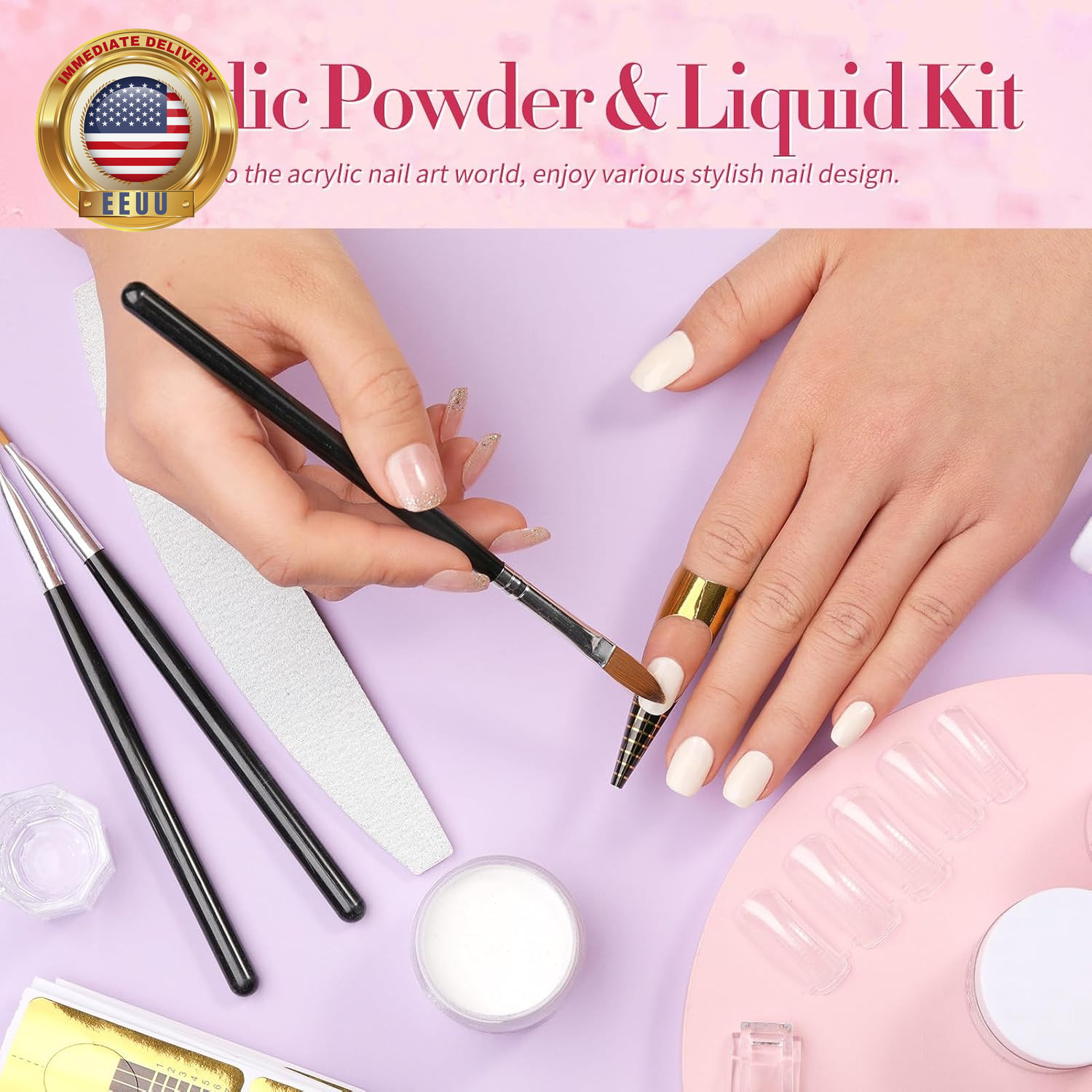 Acrylic Nail Kit – Acrylic Powder (Clear, White, Pink) & Liquid Set with Nail Fo