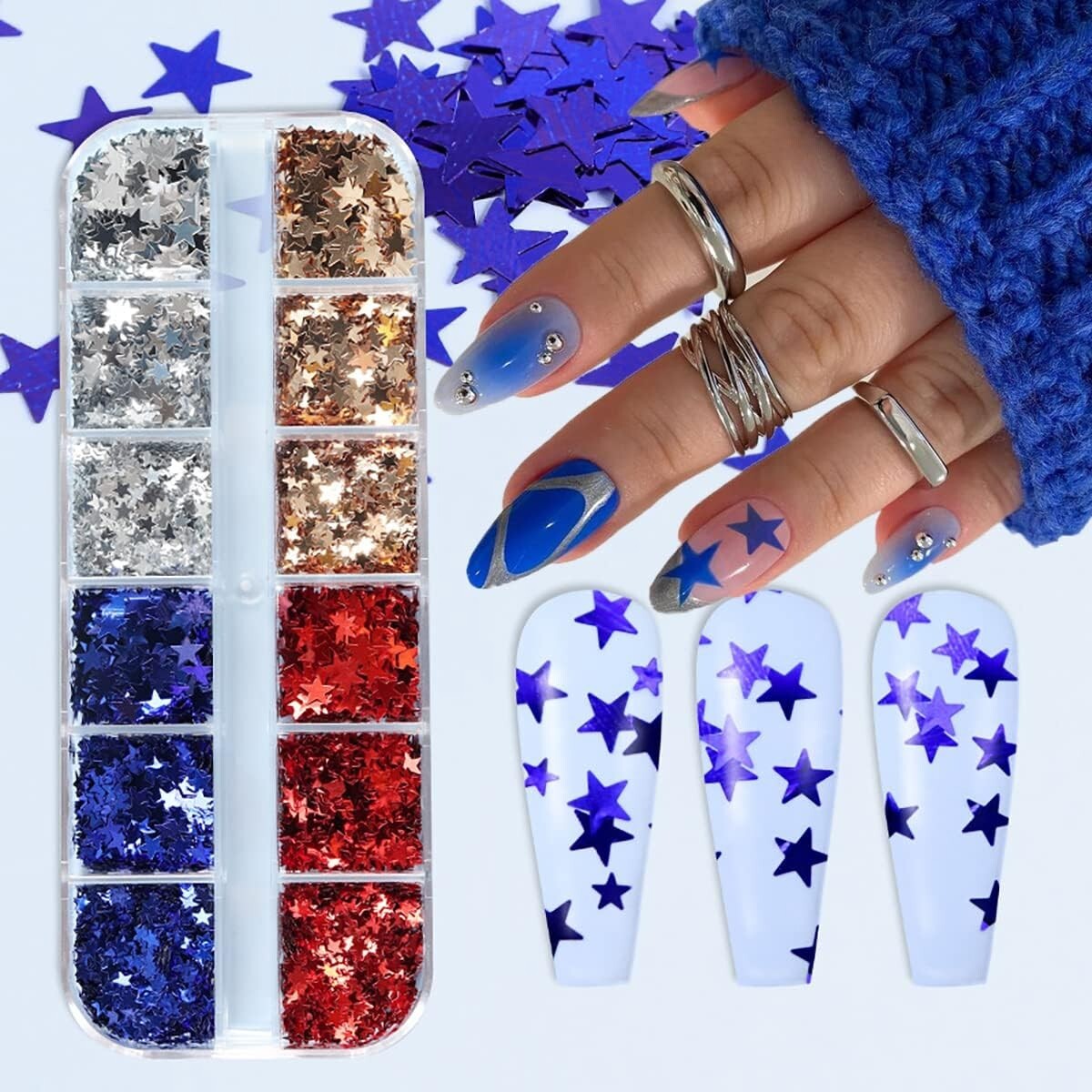 12 Grids Stars Nail Art Glitter Sequins 3D Holographic Nail Glitter Flakes Desig