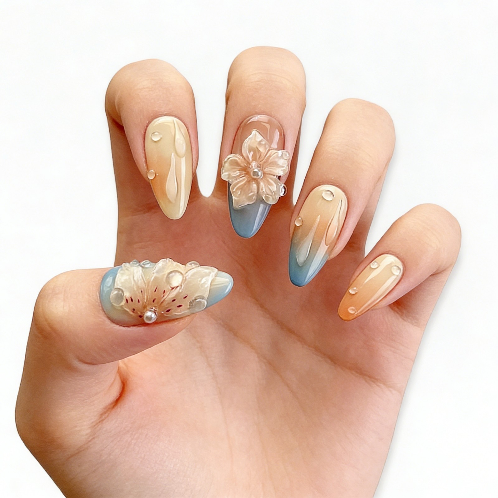 Blue Orange Flower Press On Nails Medium Almond 3D Waterdrop Glue On Set