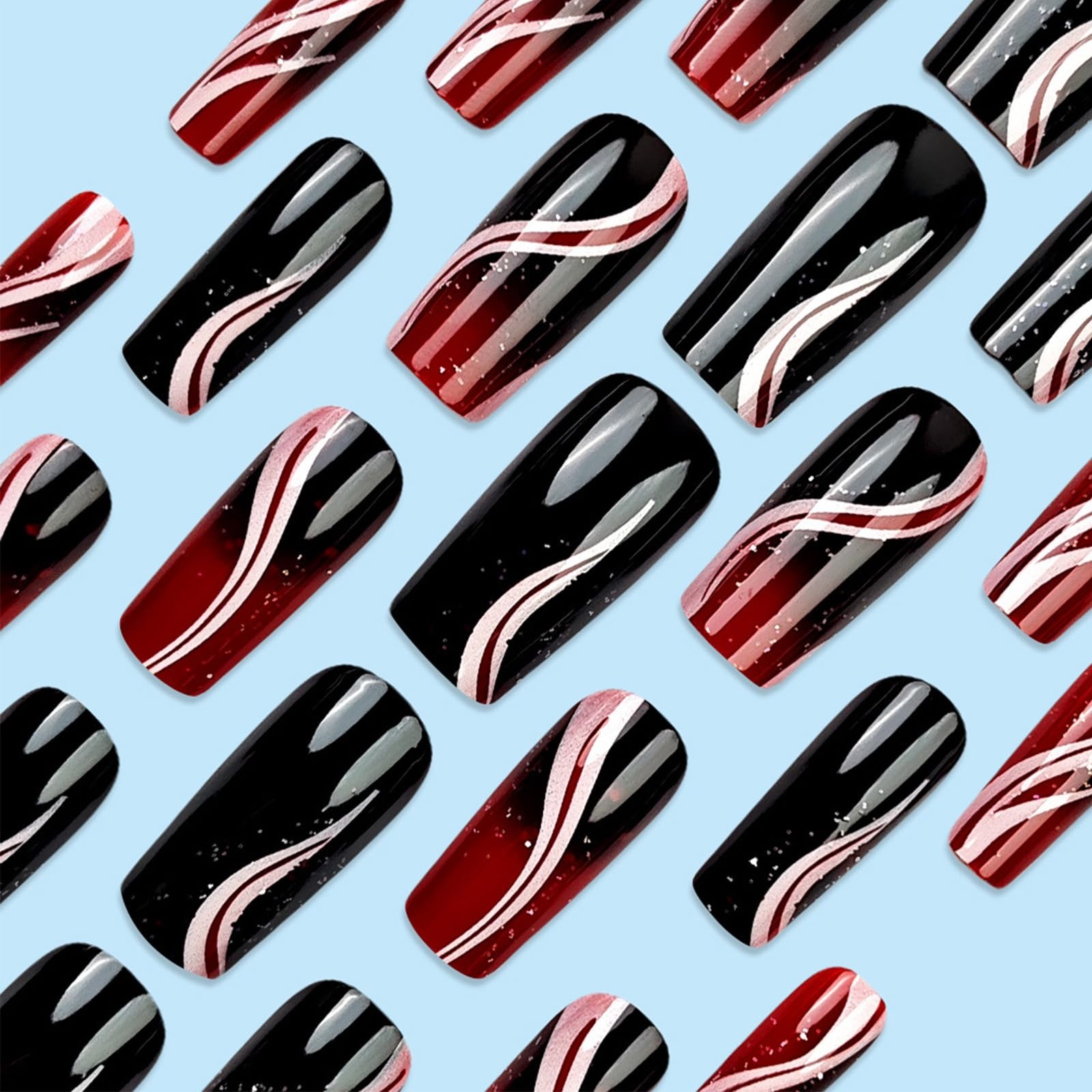 Red Curve Press on Nails 24Pcs Glossy Silver Glitter Stick on Nail Black Grad…