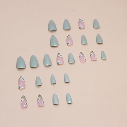 Press on Nails Medium Almond SWEKKE Magnetic French Fake Nails Green Full