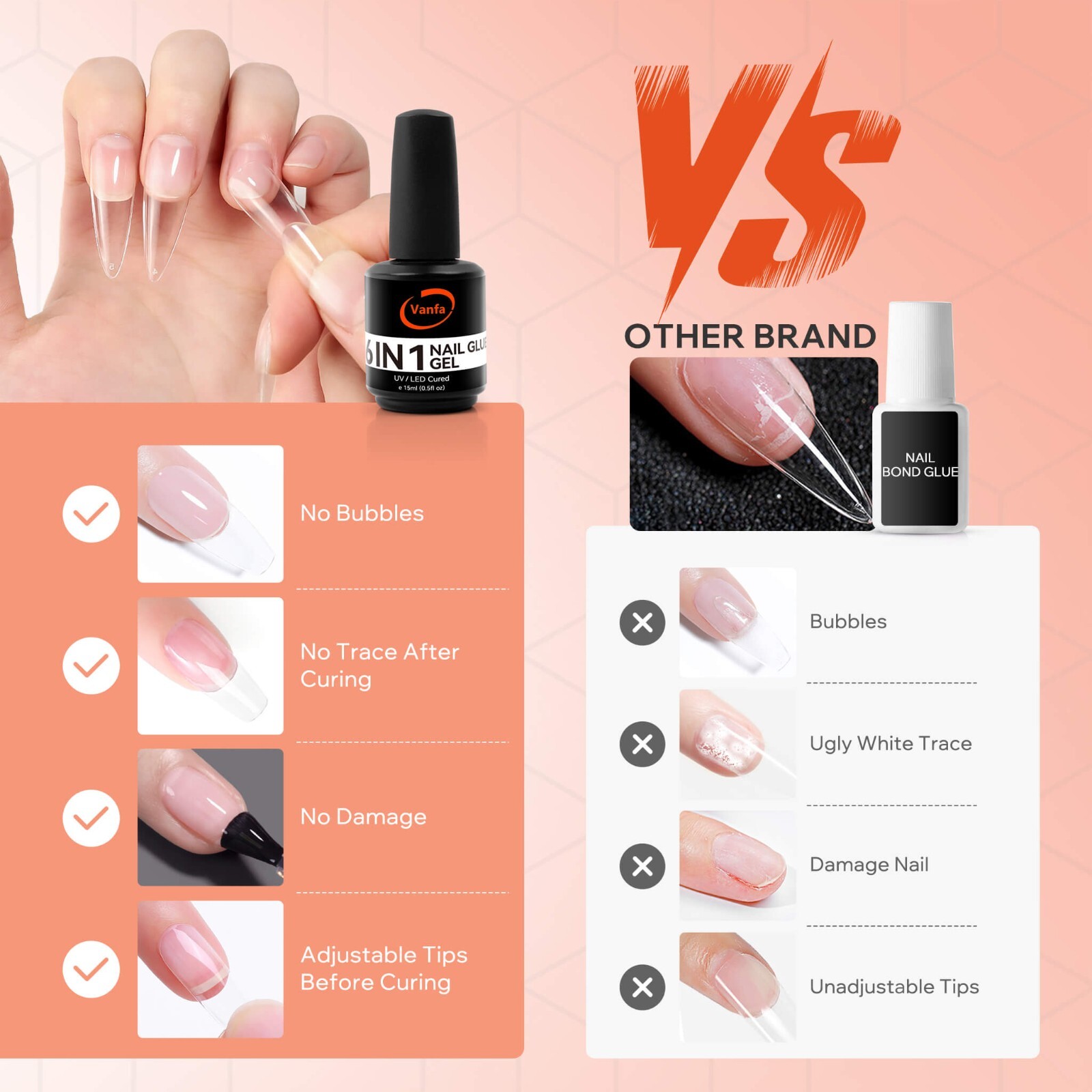 Vanfa 6 in 1 Nail Glue Gel Adhesive for Extend Gel Nail Tip, Soft Gel *Pick any*