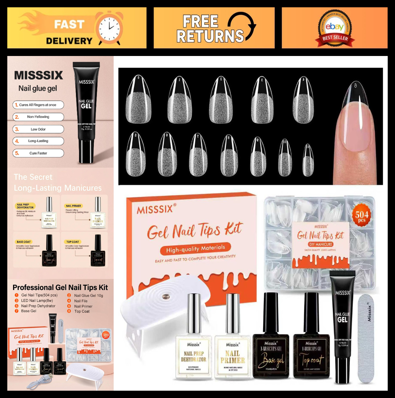 504Pcs Short Almond Clear Fake Nail Tips Kit with Gel Glue, Dehydrator & UV Lamp