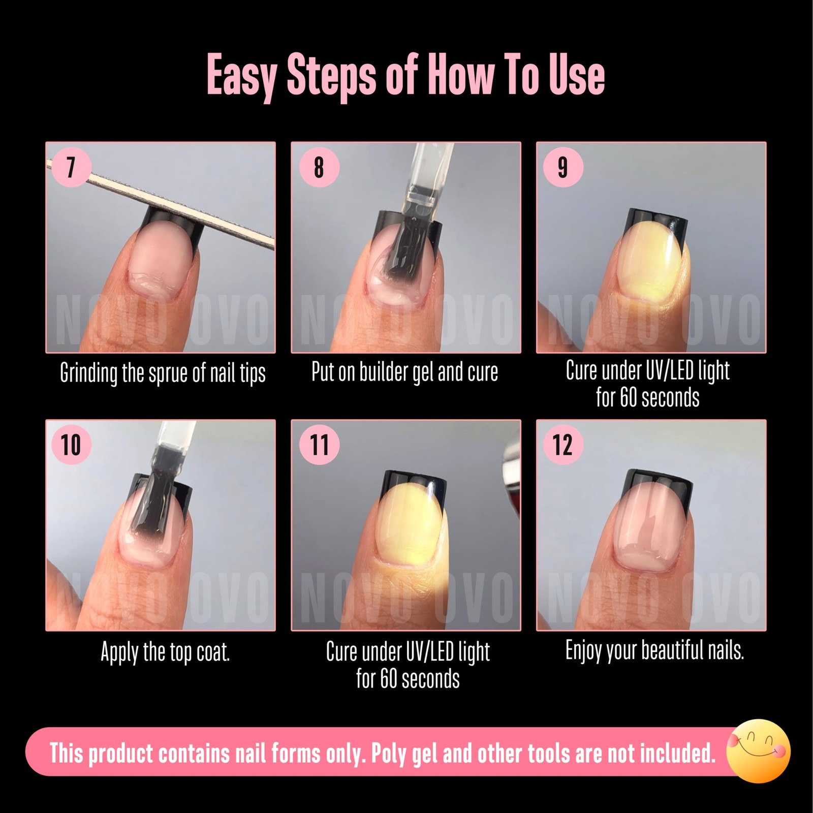 NOVO OVO Black French Tip Nail Tips Short Square 224 Pcs