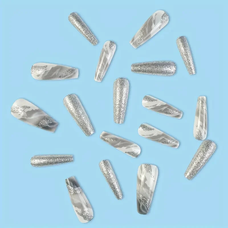 [White Gray False Nails For Women] 24 Pcs Long Ballerina Marble White And Gray