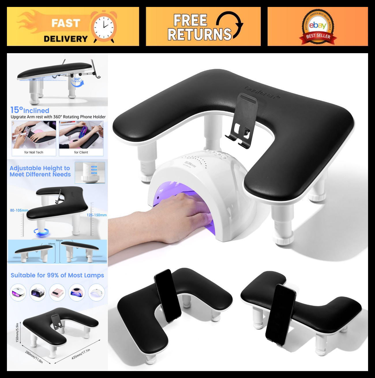 Adjustable Nail Tech Arm Rest with Rotating Phone Stand – U-Shaped Hand Pillow f
