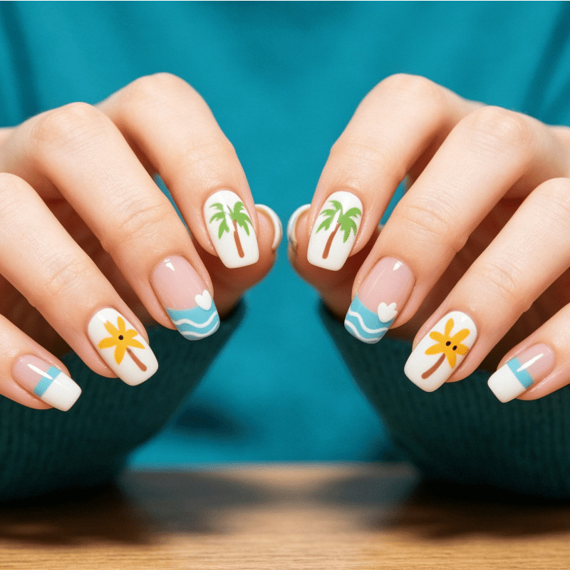 48 Pcs Palm Tree Wave Short Square Press on Nails, Beach Summer Fake Nails