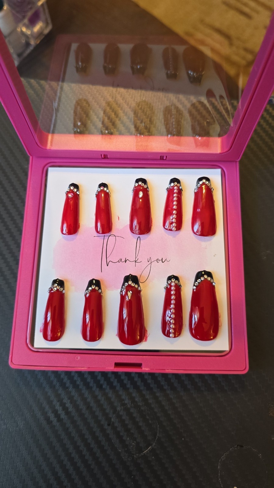 Red Black White Shiny Long Square Press-On Nails Set Full Cover Pre-Designed