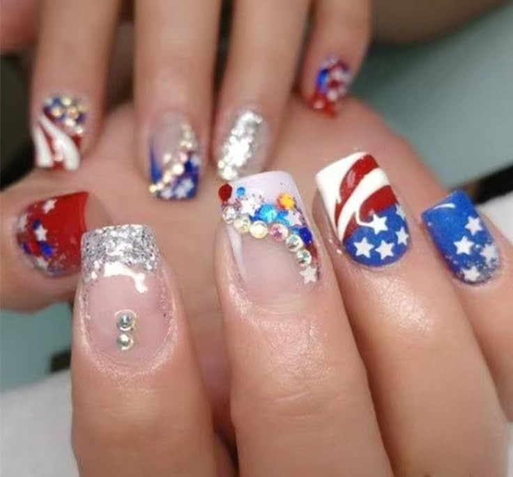 24Pcs 4th of July Press on Nails Short Square Fake Nails with Red Blue Star R…