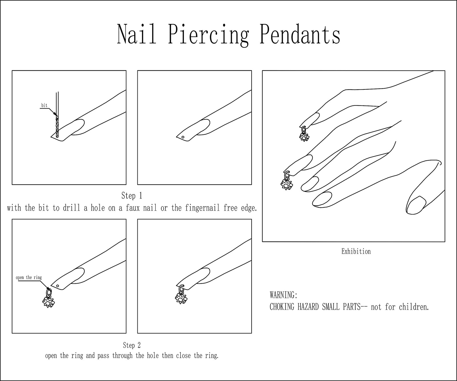 14K Gold Plated Nail Piercing Pendants and a Manual Drill, 5 pcs Metal 3d Nai…