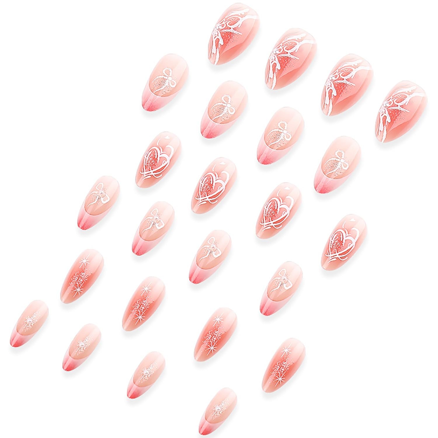 French Tip Press on Nails Long Nail Press on Almond Shape Fake Nails Bow Fals…